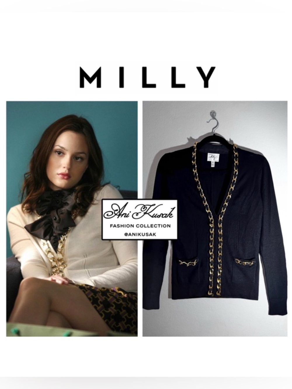Milly 100% Merino Wool Chain Link Cardigan ASO Blair Waldorf